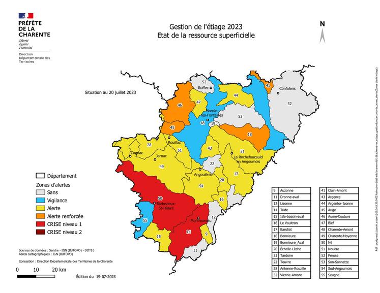 Carte des zones de restriction d'eau en Charente