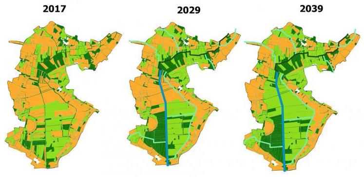 Comparaison de cartes : la première la situation en 2017, la seconde projetée dans dix ans, la troisième dans 20 ans. En jaune, les cultures, en vert les prairies.