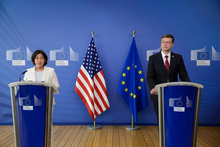 Les représentants au Commerce des États-Unis et de l’Union européenne, Katherine Tai et Valdis Dombrovskis, le 15 juin.