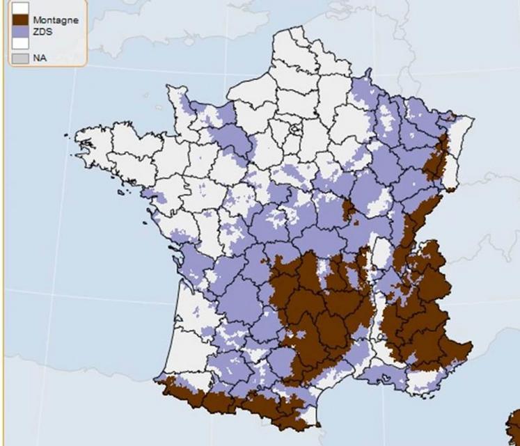La carte des zones défavorisées simples présentée le 20 février par le ministre de l'Agriculture, Stéphane Travert.