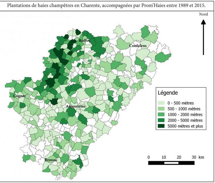 Plantation de haies champêtres en Charente, accompagnées par Prom’haies entre 1989 et 2015 et financées par des fonds privés et publics