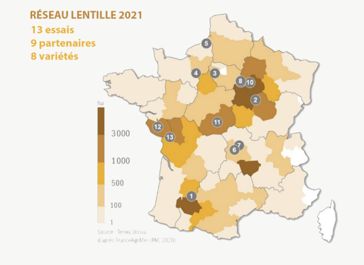 Lentilles, Réseau d'évaluation des variétés, Carte, Deux-sèvres.