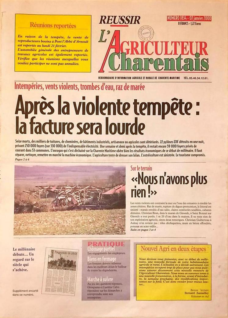 La Une du numéro 1834 de L'Agriculteur Charentais, daté du 7 janvier 2000.