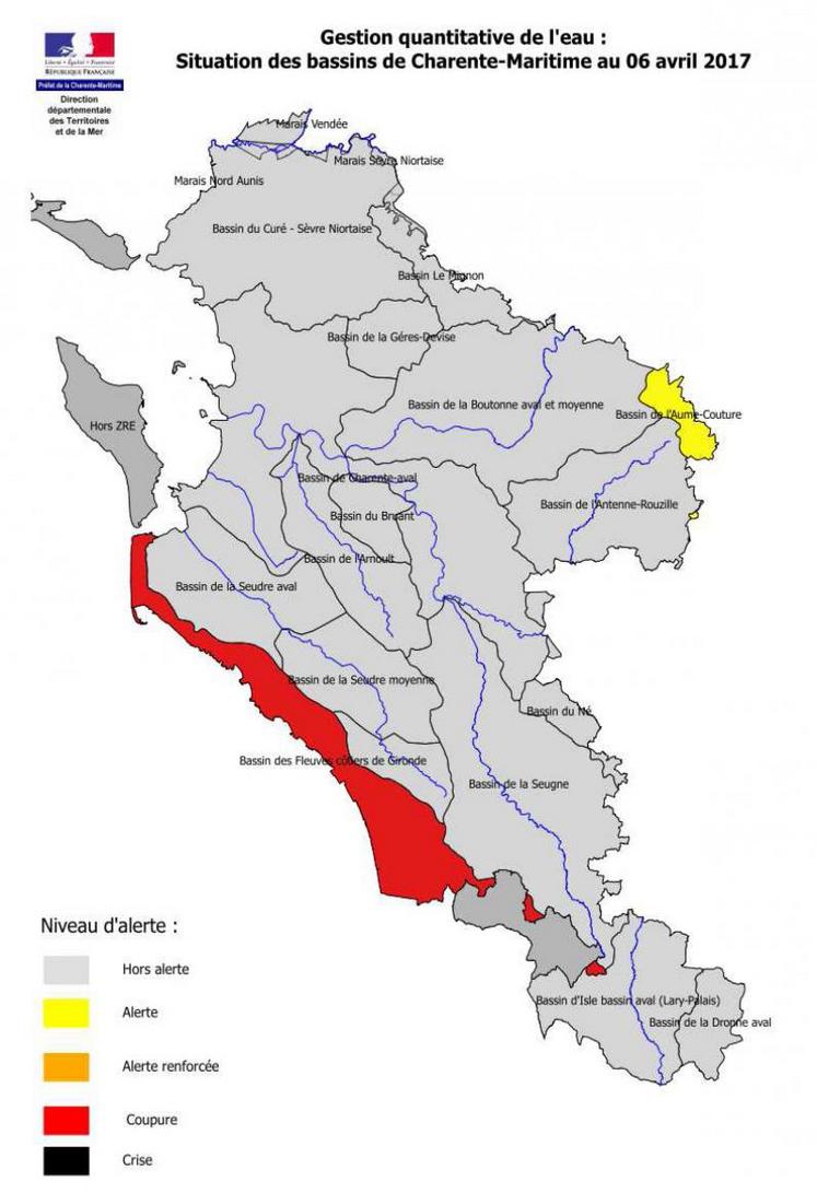 Sont entrer en vigueur des restrictions après franchissement de l’alerte de printemps, le bassin de la Seudre, les fleuves côtiers et l’Aume couture