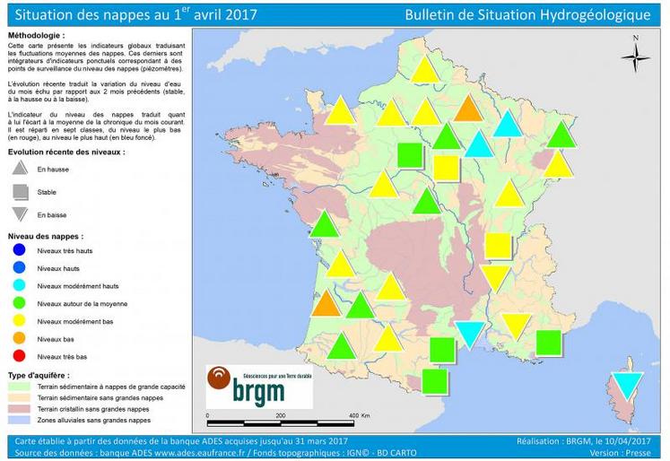 Si la recharge hivernale est plutôt dans la moyenne dans le sud du bassin parisien et vers le pourtour méditerranéen, le reste
du territoire présente des niveaux bas qui inquiètent le BRGM.
