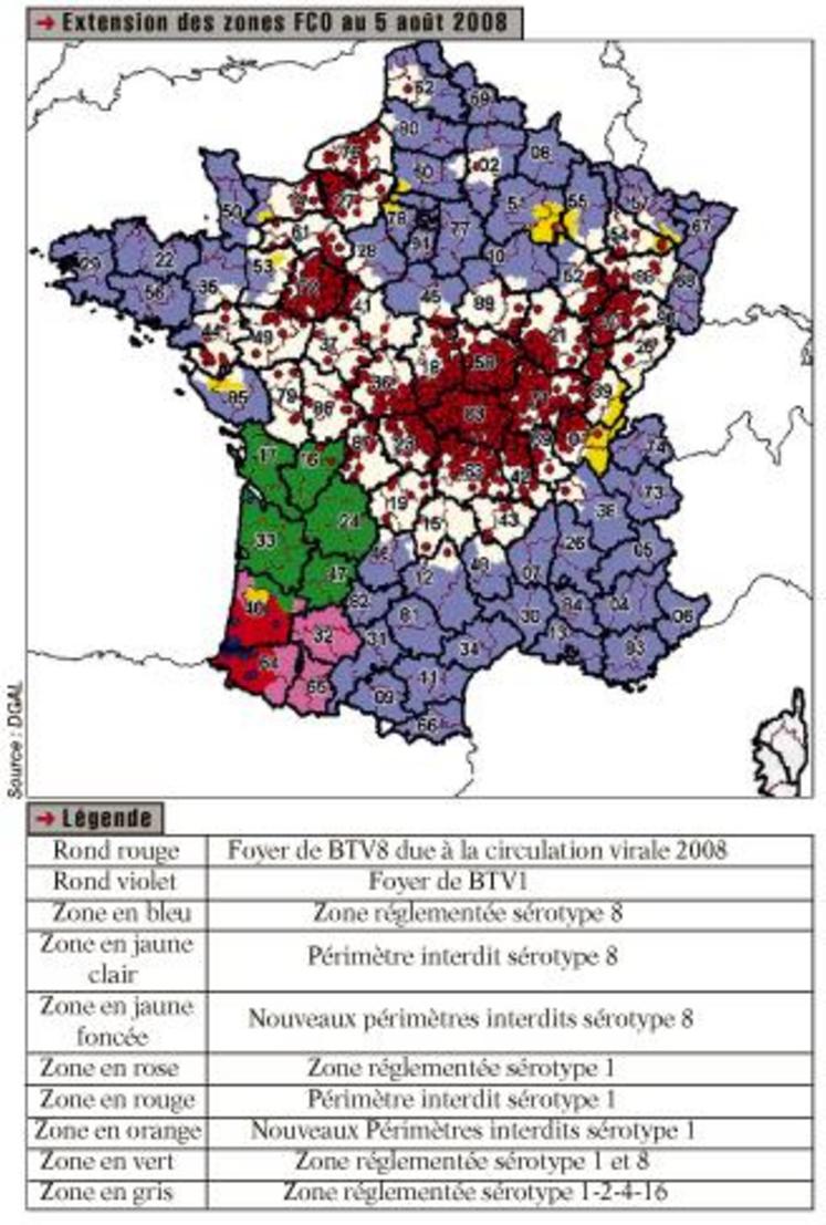 Extension des zones FCO au 5 août 2008