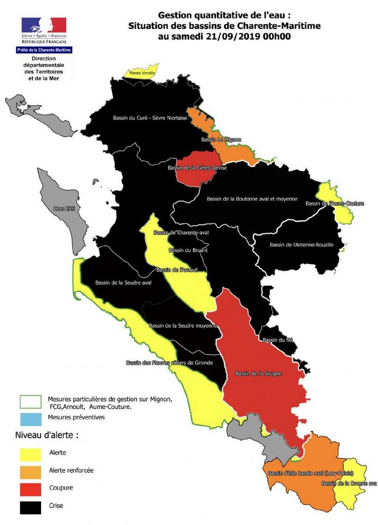 Situation des bassins de Charente-Maritime du 21 septembre 2019. Si besoin, pour actualiser la carte, appuyez sur la touche F5 de votre clavier.