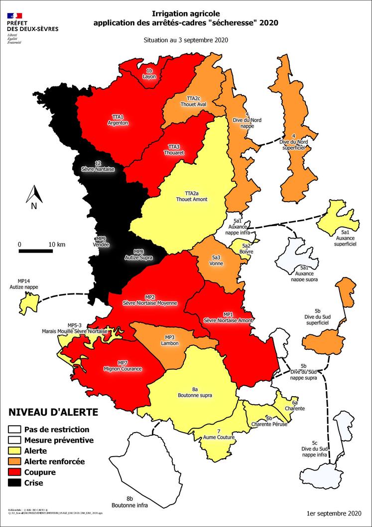 Carte Deux-Sèvres restrictions irrigation 2020