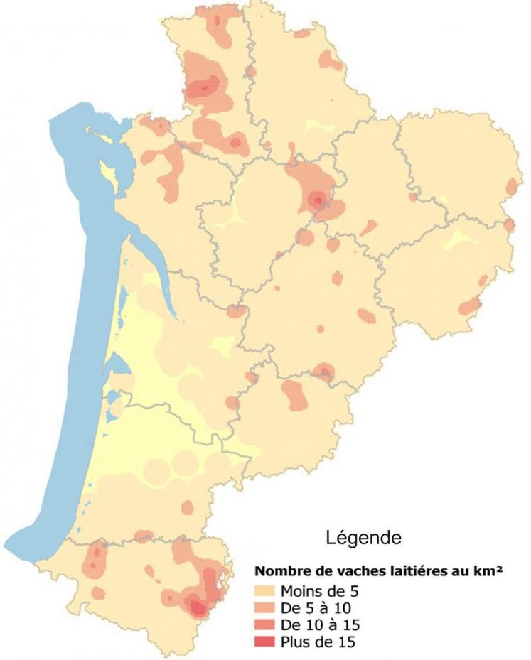 L’élevage bovin laitier est essentiellement présent aux extrémités nord et sud en Nouvelle-Aquitaine.