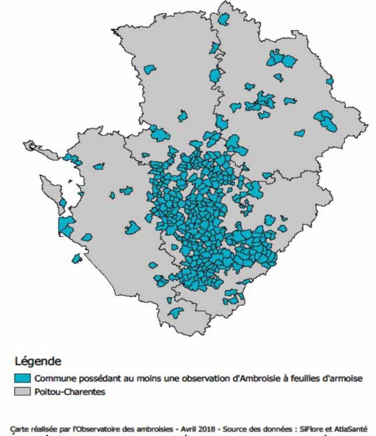 État des connaissances sur la présence communale d'ambroisie à feuilles d'armoise en Poitou-Charentes (avril 2018).