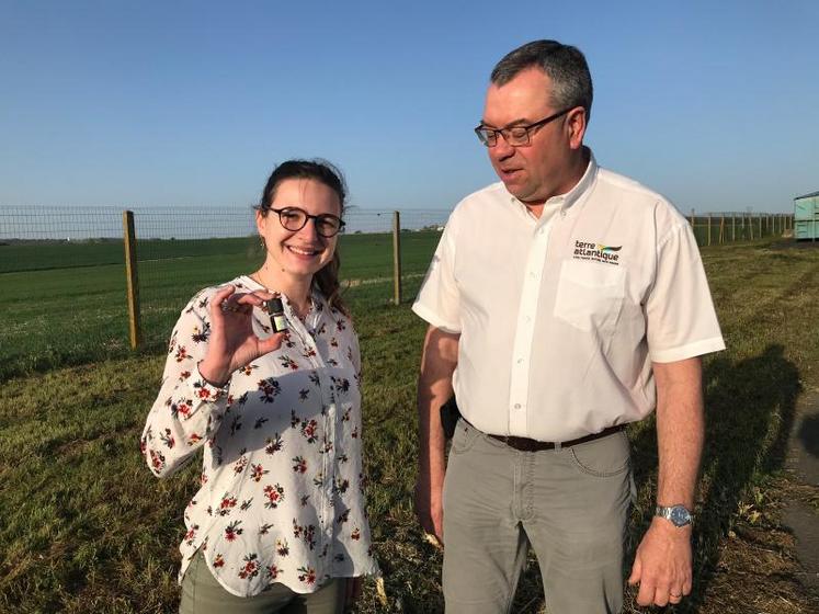 Amandine Lefevbre présente un flacon d'huile essentielle à base d'angélique. À ses côtés Christian Cordonnier, directeur général de Terre Atlantique.