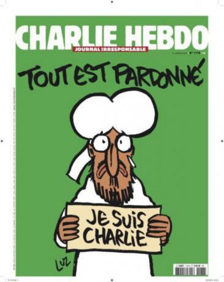 La "Une" du dernier Charlie Hebdo diffusé depuis mercredi 14 janvier 2015 à 5 millions d’exemplaires dans toute la France (contre 60 000 habituellement). En Charente, les 170 diffuseurs devaient en recevoir le 14 janvier entre 3000 à 3500 exemplaires, soit cinq fois moins que la demande ! D'où la course pour l'acheter !