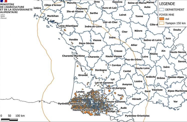 Foyers de MHE en France (au 24 novembre) et zones régulées.