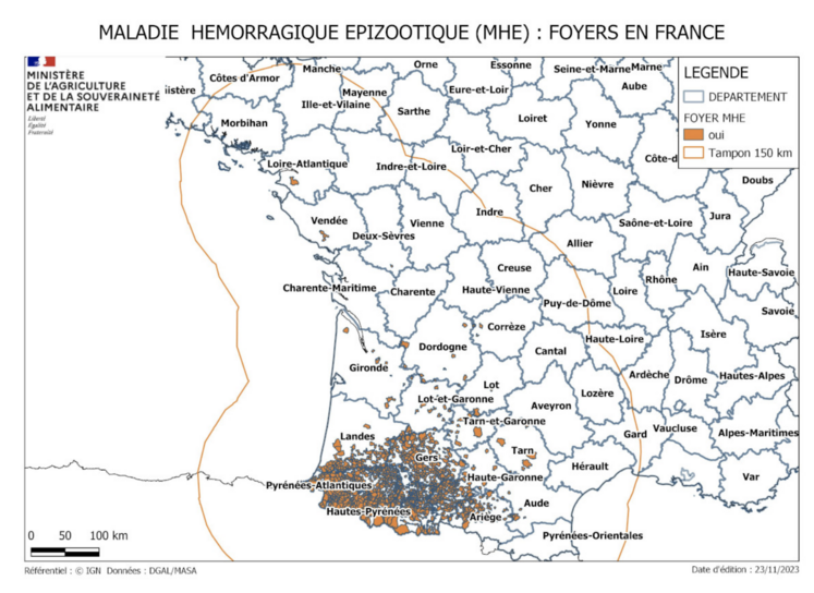Du fait des zones régulées établies à 150 km autour de chaque cas, la régulation des mouvements d'animaux concerne une bonne partie de l'Ouest de la France.