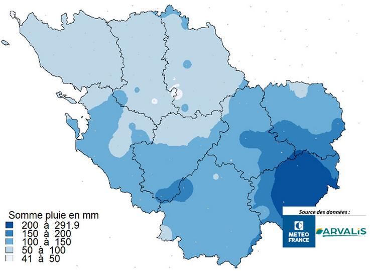 Carte 1 : Cumul de la pluviométrie (en mm) entre le 20 avril et 17 juin