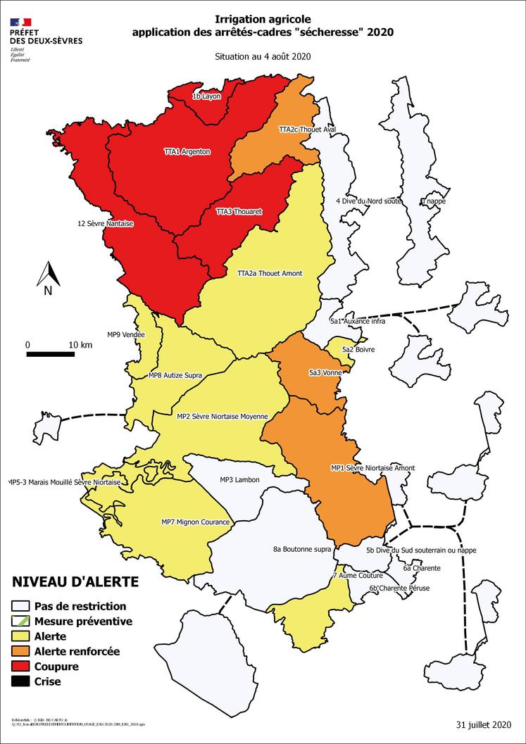 Carte, restriction d'irrigation, Deux-Sèvres, 4 août 2020.