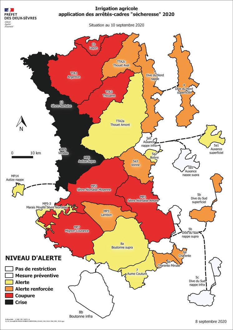 Carte des restrictions des usages de l'eau au 10 septembre 2020