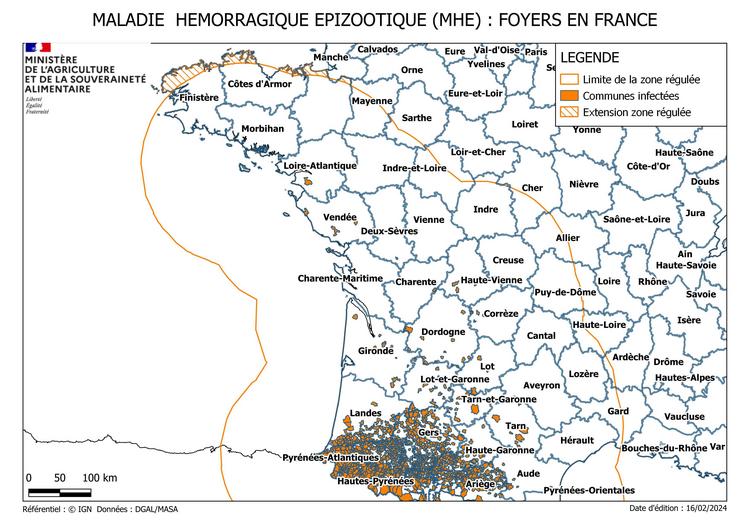 Si la majorité des cas de MHE se situent toujours dans le secteur pyrénéen, quelques détections isolées ont entraîné l'inclusion d'un large arc atlantique dans la zone régulée.