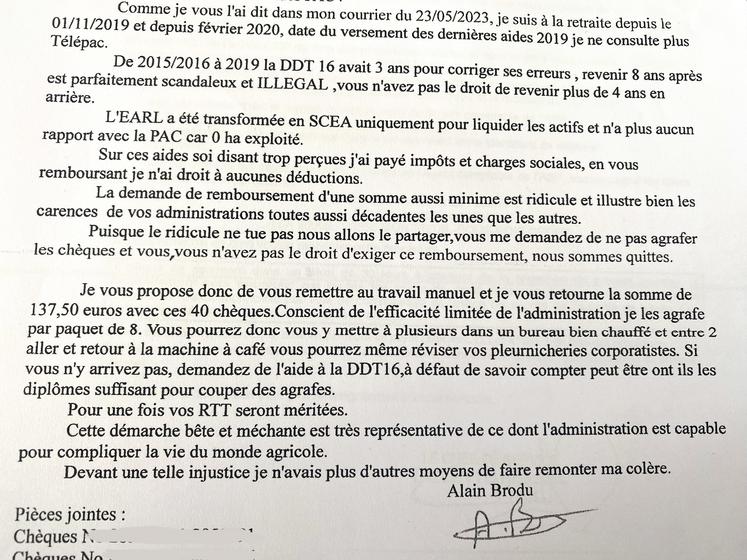 Facsimilé du courrier d'Alain Brodu le 28 février 2024