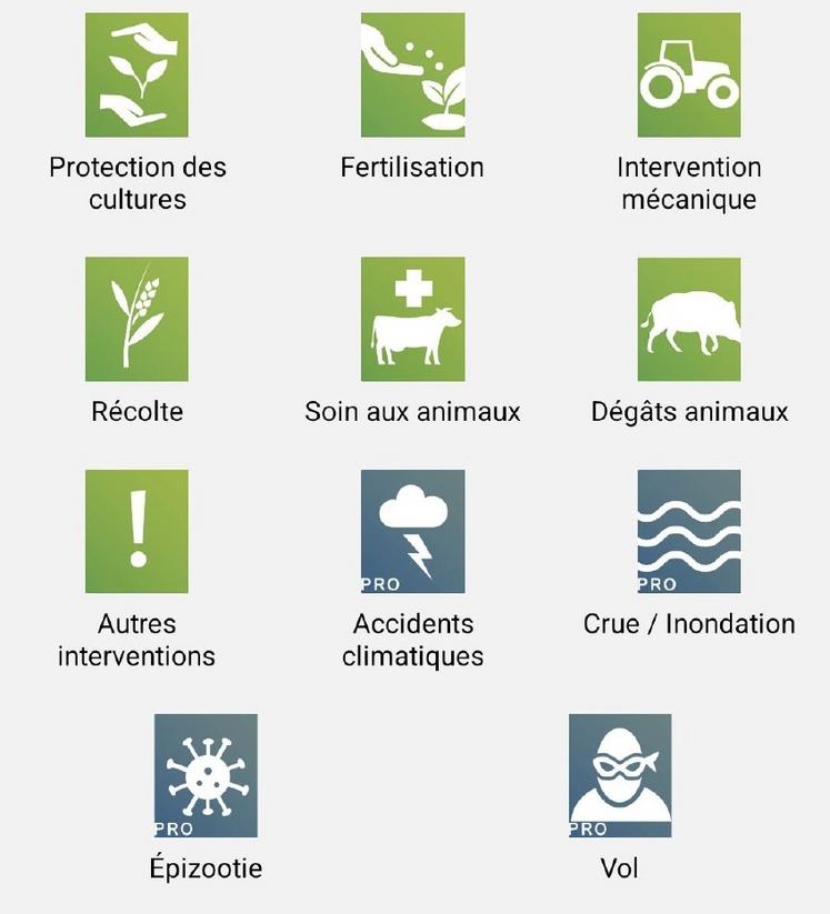 Des icônes à destination du grand public (en vert) et des professionnels (en bleu) permettent d'indiquer les activités et autres points d'attention agricoles sur la carte de l'application.