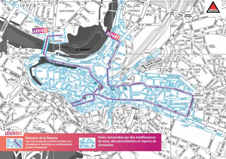 Parcours du relais de la flamme olympique le 24 mai 2024 à Angoulême. Le stationnement et la circulation à proximité s'annoncent difficiles, y compris les deux jours précédant le passage du relais de la flamme olympique.