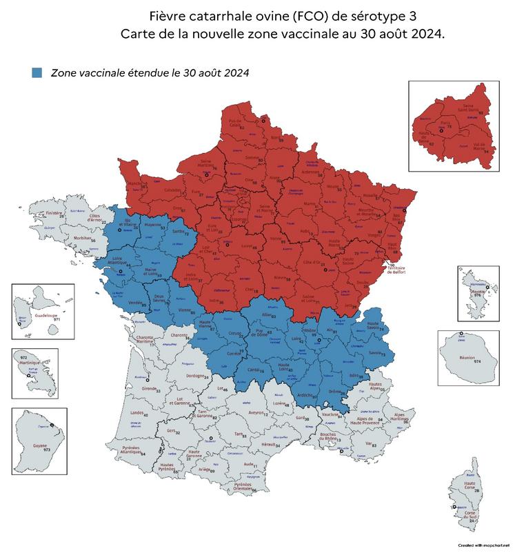 Carte de la nouvelle zone vaccinale de la FCO 3.