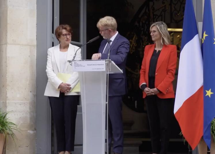 Annie Genevard aux côtés des ministres sortants Marc Fesneau et Agnès Pannier-Runacher, le 23 septembre 2024.