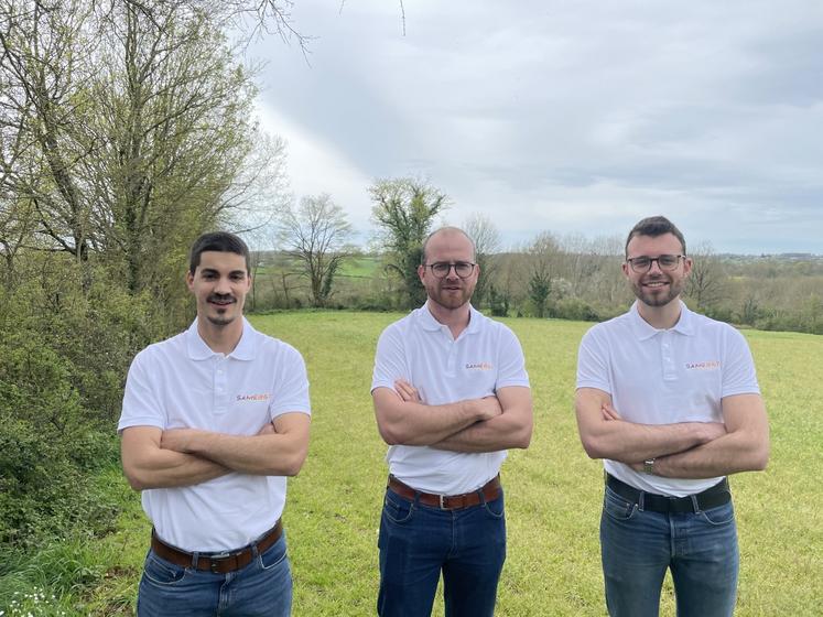 L'équipe Samebot : Sébastien Jossency, commercial en agriculture de précision, Guillaume Bouvier, responsable développement Nouvelles technologies, et Lucas Sapin,
conseiller en agriculture de précision.