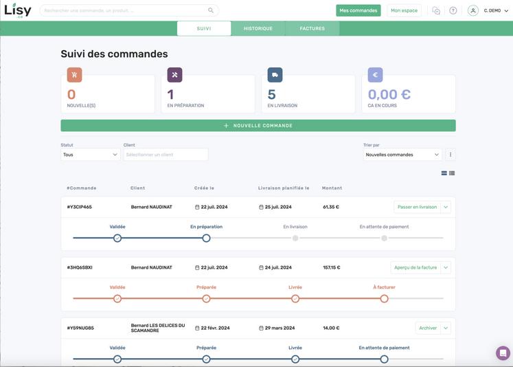 Lisy génère les bons de commande et les factures aux clients.