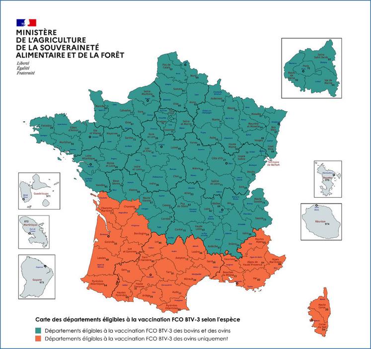 Carte de la zone vaccinale FCO-BTV3 au 17 octobre 2024.