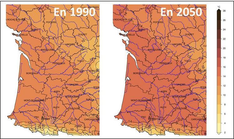 Entre 1990 et 2050, la température moyenne annuelle augmentera d'environ 2 °C en Nouvelle-Aquitaine. 