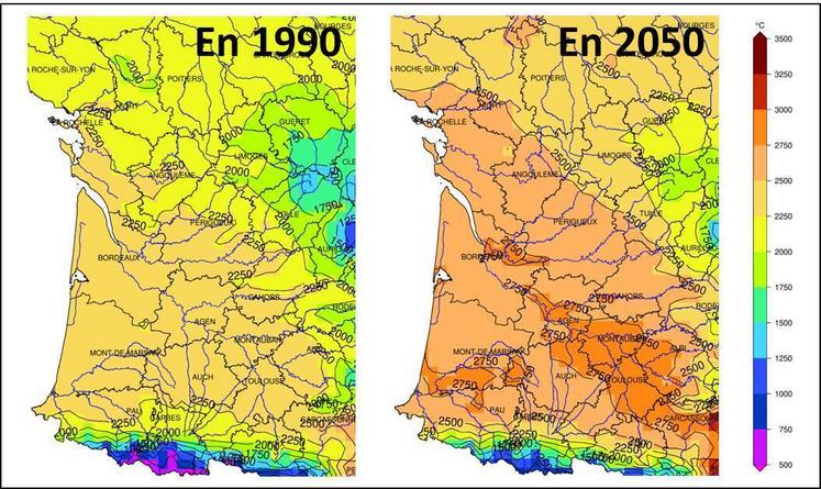 Entre 1990 et 2050 en Nouvelle-Aquitaine, les cultures d'été disposeront
d'environ 400°CJ base 6 de plus pour accomplir leur cycle cultural.
Somme de température base 6 d'avril à octobre. Source : DRIAS. Réalisation : F. Levrault.