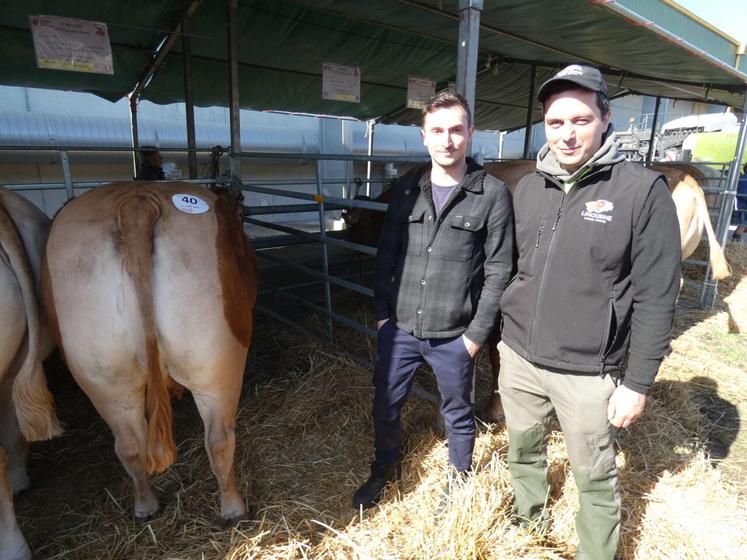 Le boucher Maxime Gerbeau (à gauche) a acheté à Fabien Millieroux cette vache limousine distinguée d'un grand prix d'excellence.