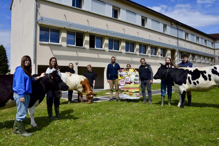Des élèves de première bac pro présentent trois vaches (une Bretonne pie noire et deux Bordelaises), devant le nouveau bâtiment de la MFR qui sera inauguré ce samedi 24 mai.