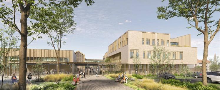 L'entrée du collège de Parthenay sur le site du Marchioux. L'établissement, qui va garder une partie du bâti existant, accueillera à la fin des travaux, vers 2030, la totalité des collégiens de la ville, soit une capacité de 700 places. Le coût des travaux est estimé à 24,6 millions d'euros.
