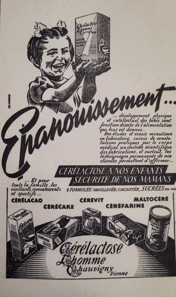 Une des publicités pour les produits de la cérélactose de Pierre Lhomme.