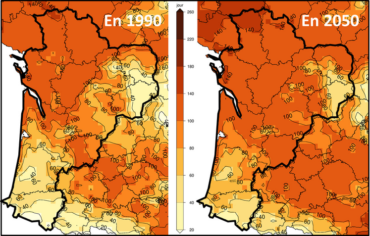 En Nouvelle-Aquitaine, le nombre de jours en sol sec de mars à octobre devrait augmenter d'une vingtaine entre 1990 (à gauche) et 2050 (à droite).