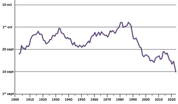 À l'image des vignobles de Nouvelle-Aquitaine, les dates de vendanges à Saint-Emilion ont avancé d'une vingtaine de jours depuis les années 1980.