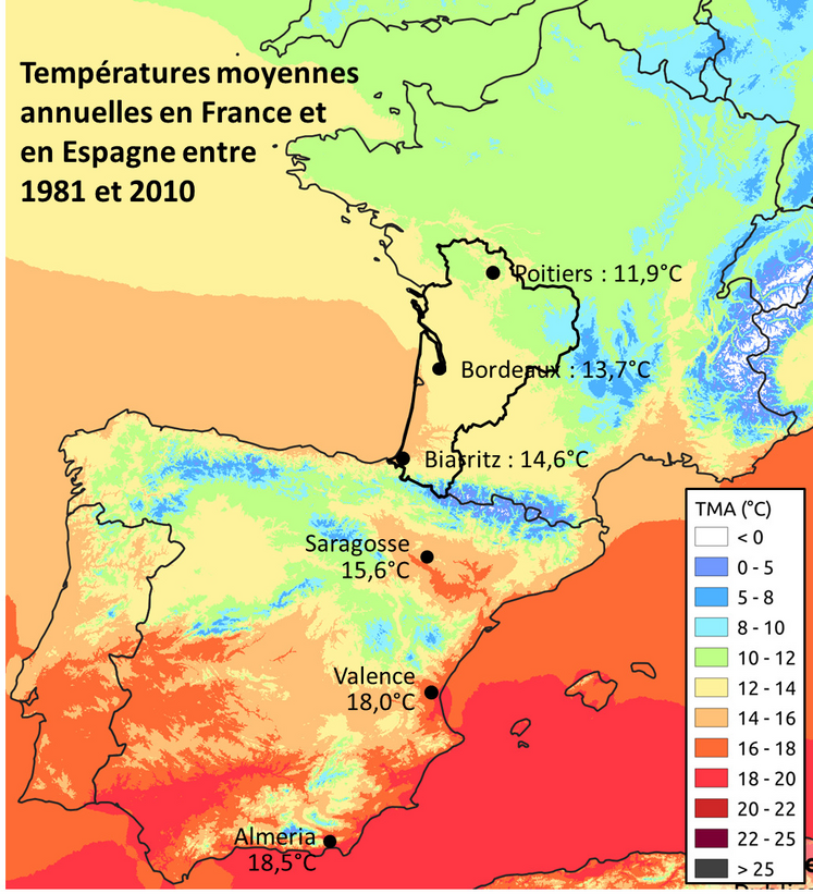 En Nouvelle-Aquitaine, la température se distribue géographiquement suivant un gradient NE/SO.