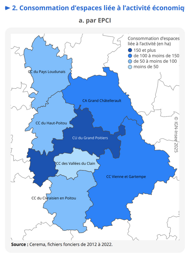 Consommation d'espaces liés à l'activité économique dans la Vienne entre 2012 et 2022.