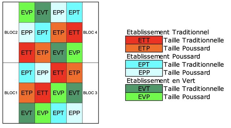L'équipe de la Chambre d'agriculture a mené cette expérimentation pendant vingt ans. L'étude portait sur 6 modalités de 20 ceps avec 4 répétitions, soit 480 ceps sur 4 parcelles de Charente-Maritime.