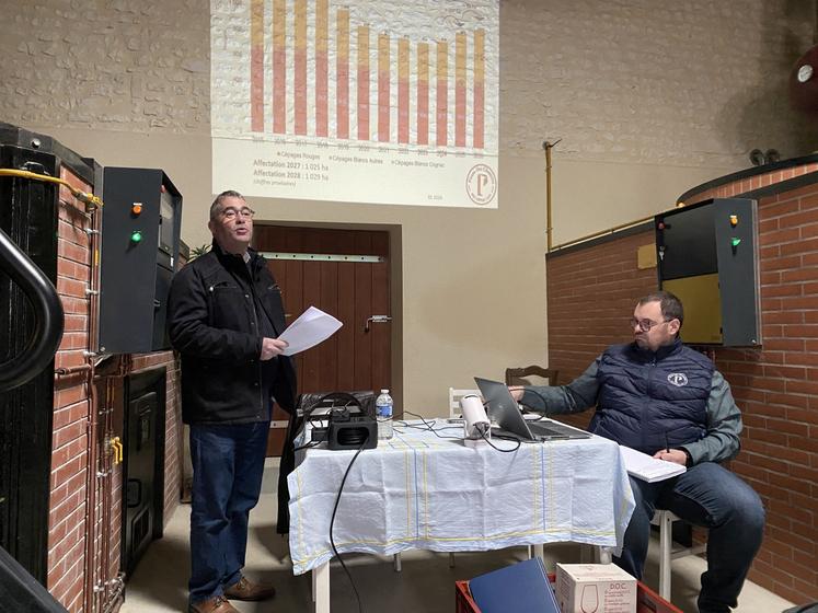 Pascal Guilloton, président du Syndicat des producteurs de pineau, et Cyril Michaud, directeur, ont présenté la situation de la production.