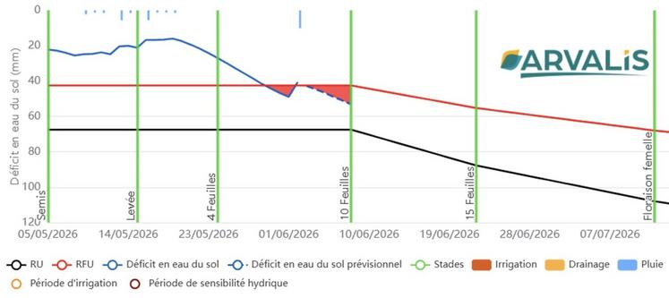 Figure 3 : Évolution du stock d'eau disponible pour un maïs (G3) semé au Magneraud le 5 mai (source Irrélis).