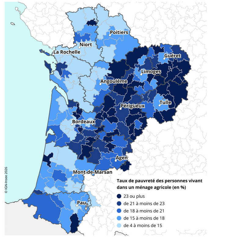 Taux de pauvreté des personnes vivant dans un ménage agricole par intercommunalité de la région