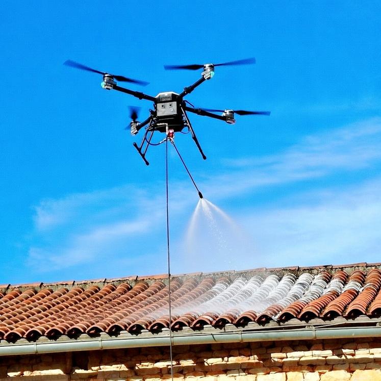L'entreprise possède un drone de pulvérisation utilisé pour le démoussage des toitures.