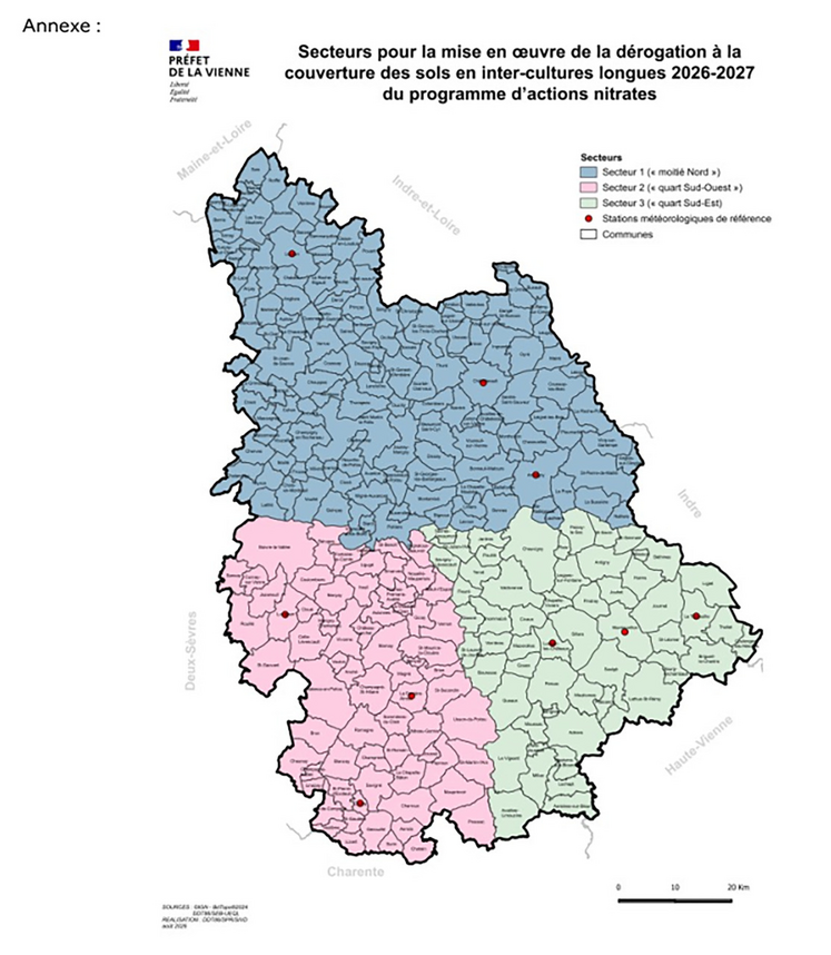 Les dérogations à l'obligation de couverture des sols concerne les secteurs 1 et 3.
En bleu: secteur 1 En rose: secteur 2 En vert: secteur 3
Points rouges: stations météo de référence