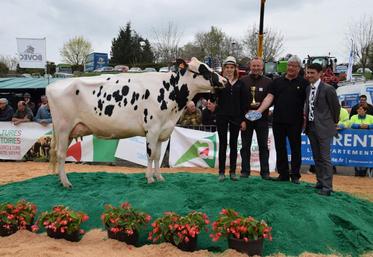 Wim Lohues (troisième à partir de la gauche) avec sa vache récompensée du titre de grande championne au concours régional Prim’Holstein.