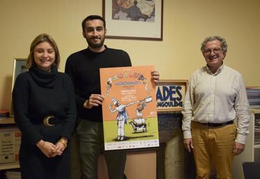 Clémence Laguionie, Dimitri Bermudes et Patrick Mardikian présentent l'affiche des Gastronomades signée par l'auteur de BD Martin Veyron.