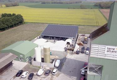 Le nouvel espace de Terre Atlantique à Sainte-Même se compose d’un magasin avec bureau et salle de réunion (en bas à gauche) et d’un hangar photovoltaïque (au second plan).