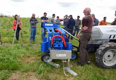 Gilles Fouassier (en premier plan) a fait une démonstration de son outil interceps dont il s’est équipé cette annéee, en commun avec un voisin.